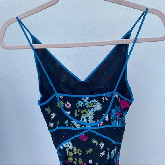 Y2K 100% Silk Black Multicolor Floral & Polka Dot Slip Dress Size 1/2 - Picture 7 of 10